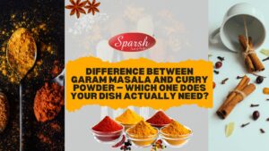 Difference between garam masala and curry powder shown side by side with spice ingredients on wooden table