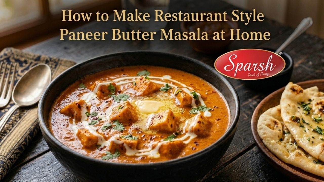 Restaurant style paneer butter masala creamy rich sauce soft paneer cubes garnished coriander fresh herbs