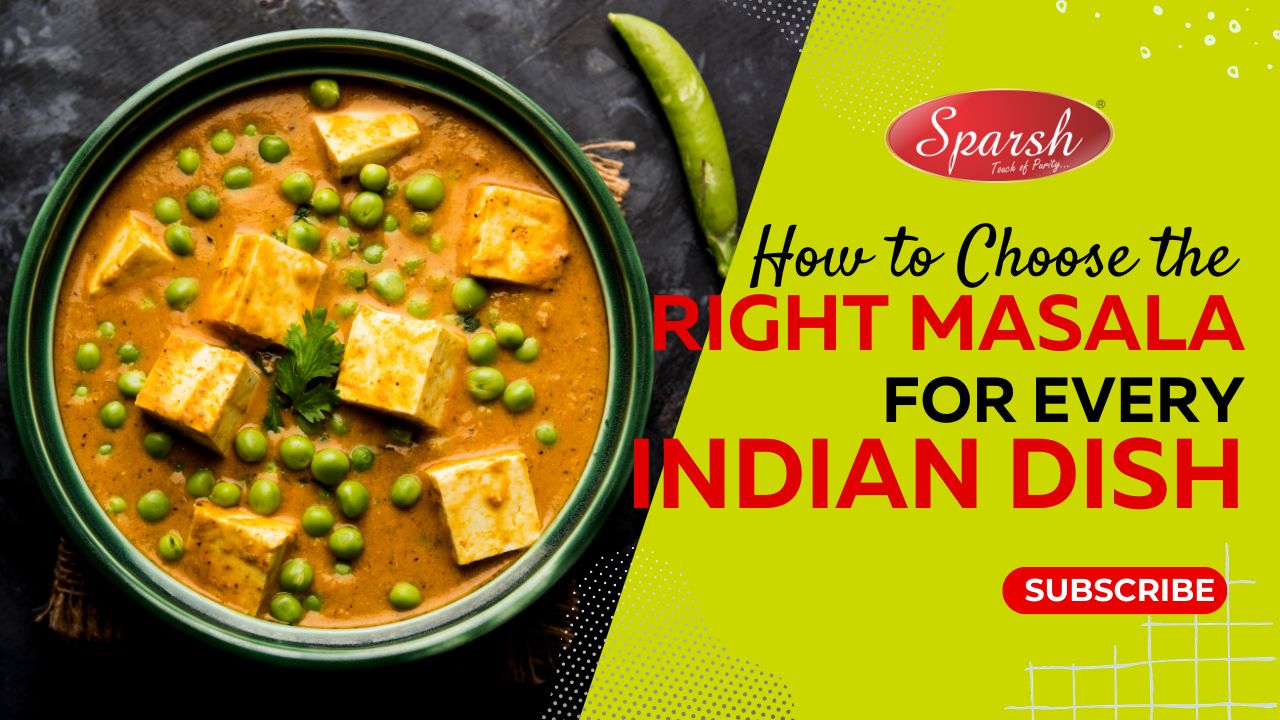 Creamy paneer and peas curry beside text promoting how to choose the right masala for every Indian dish expertly.