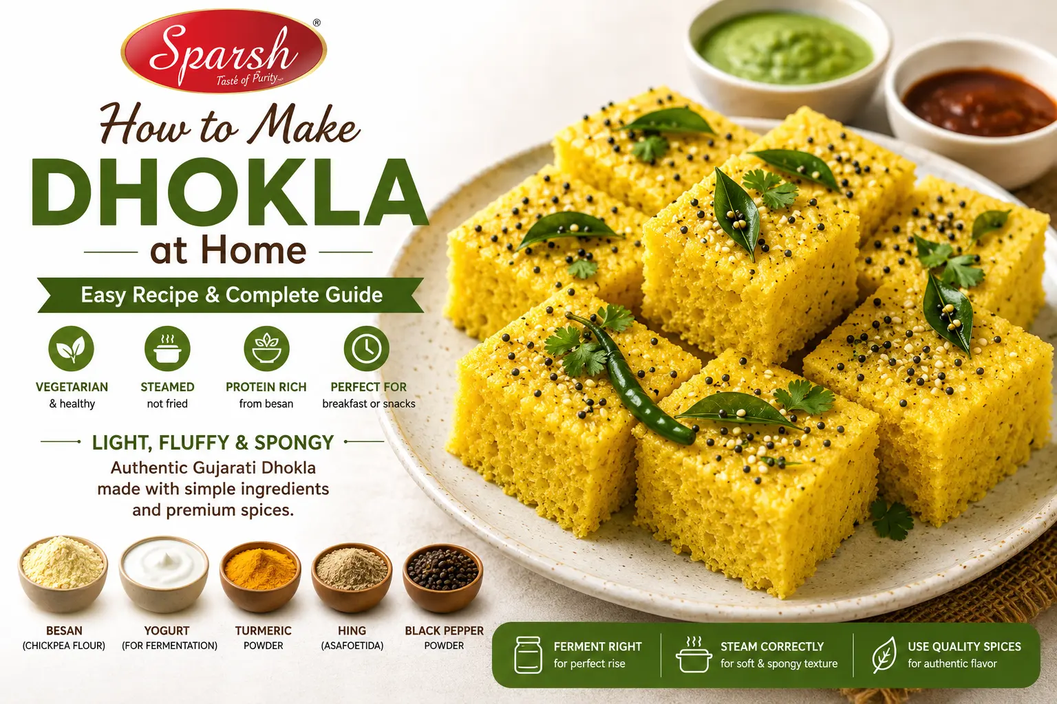 How to make dhokla at home with fluffy Gujarati dhokla served with green and tamarind chutneys.