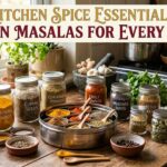Kitchen Spice Essentials: Must-Have Indian Masalas for Every Home 3 Labeled glass jars and a traditional masala dabba filled with essential Indian spices sit on a rustic kitchen counter.