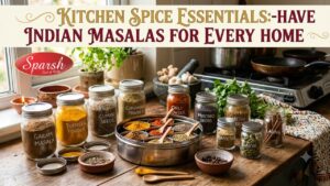 Sparsh Masala - Best Masala Company in Karnataka 11 Labeled glass jars and a traditional masala dabba filled with essential Indian spices sit on a rustic kitchen counter.