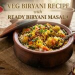 veg biryani recipe Clay pot filled with vibrant vegetable biryani, served with creamy raita, featuring elegant golden-brown classic text overlay.