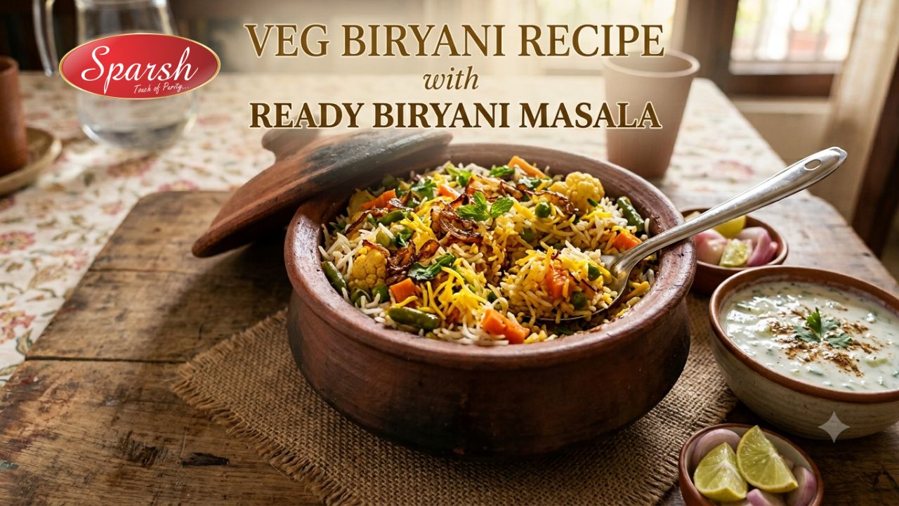 veg biryani recipe Clay pot filled with vibrant vegetable biryani, served with creamy raita, featuring elegant golden-brown classic text overlay.