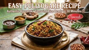 Easy Puliyogare recipe with authentic Karnataka-style tamarind rice served in a bowl, garnished with peanuts, curry leaves, and dried red chilies, ready in 30 minutes.