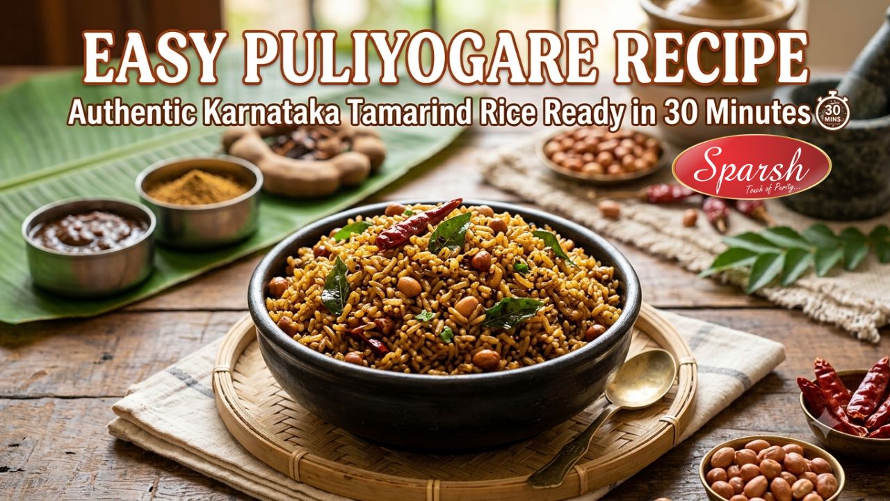 Easy Puliyogare recipe with authentic Karnataka-style tamarind rice served in a bowl, garnished with peanuts, curry leaves, and dried red chilies, ready in 30 minutes.