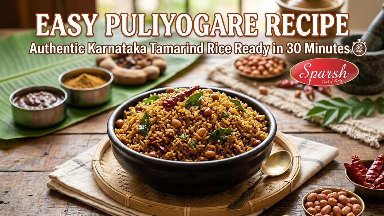 Easy Puliyogare recipe with authentic Karnataka-style tamarind rice served in a bowl, garnished with peanuts, curry leaves, and dried red chilies, ready in 30 minutes.