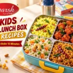10 kids lunch box recipes using Sparsh Masala mixes, featuring lemon rice, Soya 65, vegetable pulao, puliyogare, masala peanuts and fresh fruit.