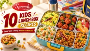 Sparsh Masala - Best Masala Company in Karnataka 11 10 kids lunch box recipes using Sparsh Masala mixes, featuring lemon rice, Soya 65, vegetable pulao, puliyogare, masala peanuts and fresh fruit.