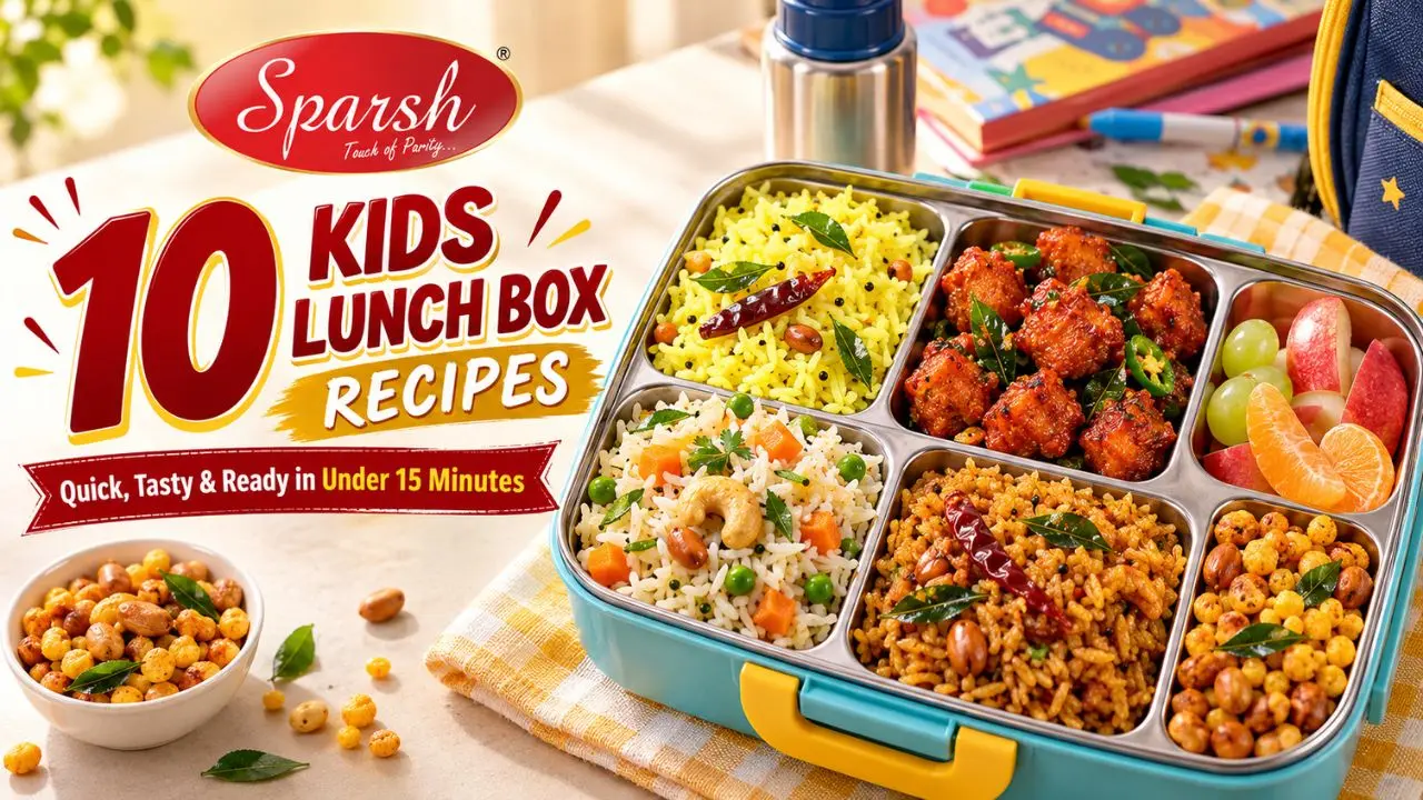 10 kids lunch box recipes using Sparsh Masala mixes, featuring lemon rice, Soya 65, vegetable pulao, puliyogare, masala peanuts and fresh fruit.