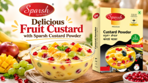 Homemade fruit custard with Sparsh Custard Powder, fresh apple, banana, grapes, mango and pomegranate seeds.