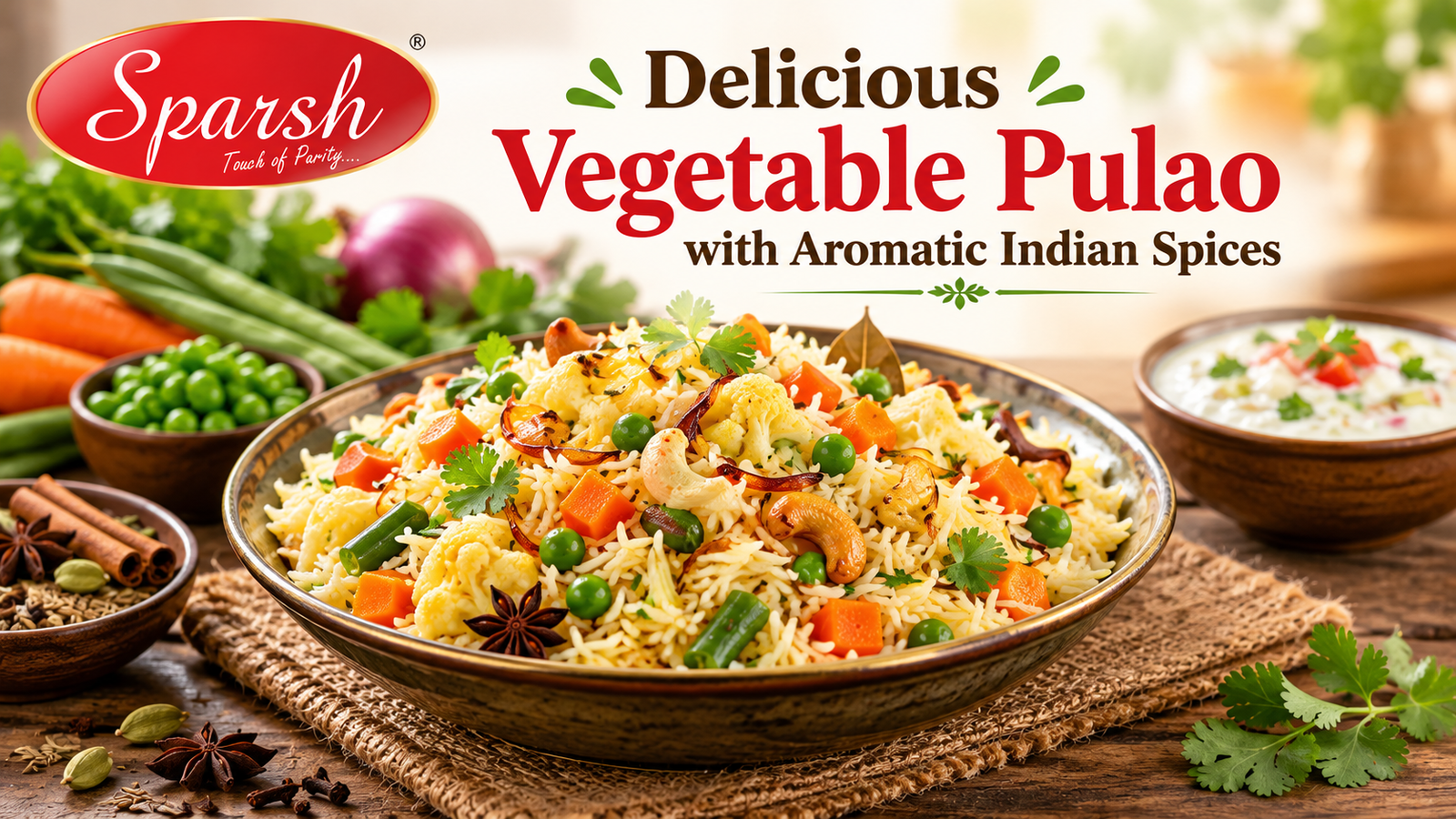 Homemade vegetable pulao with basmati rice, carrots, green peas and aromatic Indian spices.