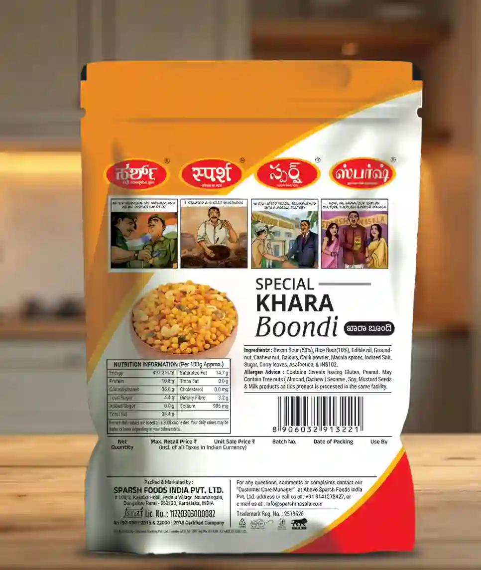 Sparsh Special Khara Boondi 2 Sparsh Special Khara Boondi 150g – back of pack with product information